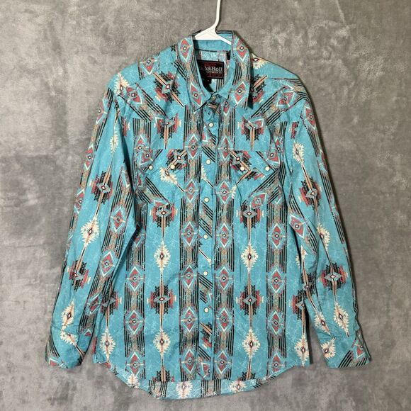 Rock & Roll Cowboy Shirt M Blue Aztec Pearl Snap Front Modern Fit Long Sleeve - Picture 1 of 9
